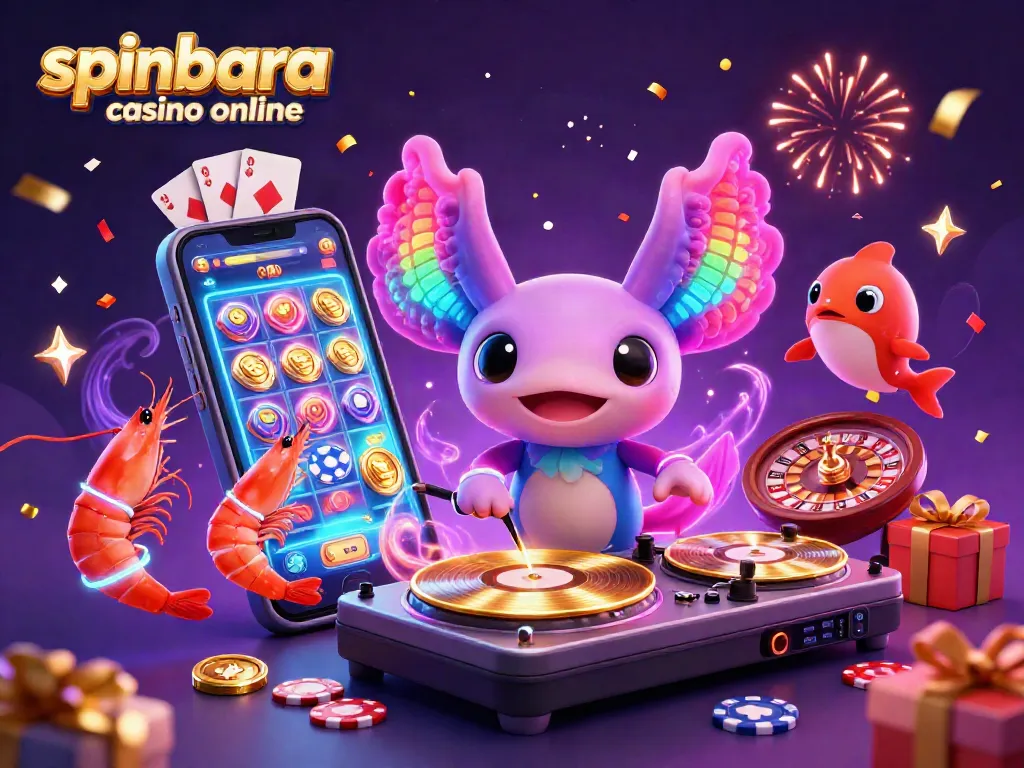 Experience the excitement of spinbara casino online with vibrant characters and engaging game elements in a festive scene.