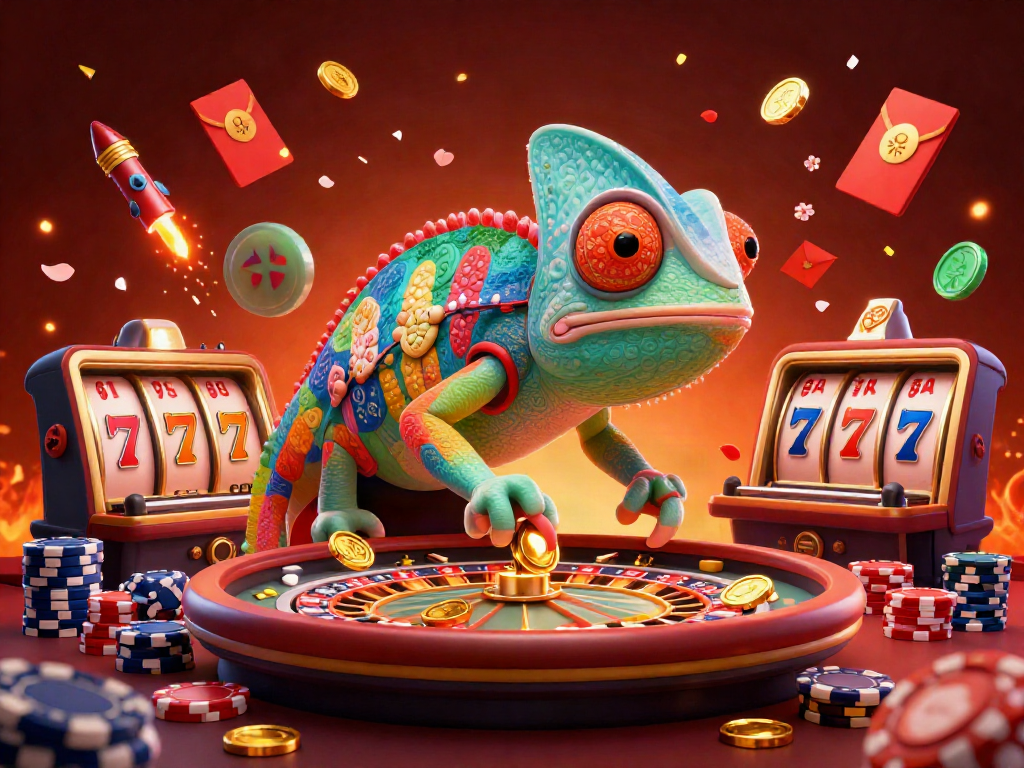Spin and win with Robocat at the vibrant casino, featuring colorful slots and golden coins.
