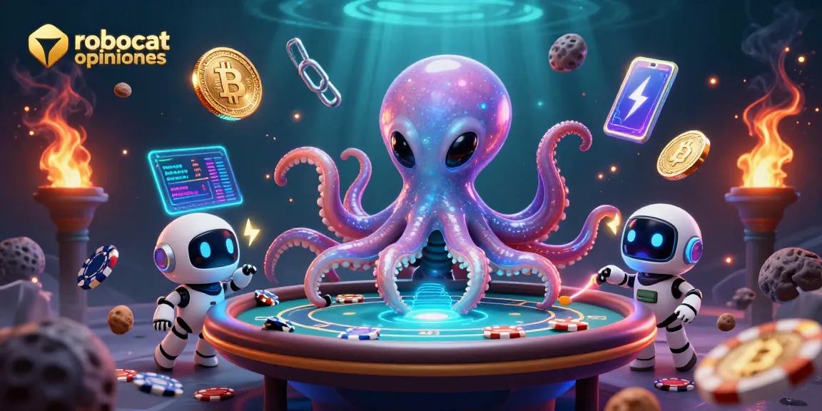 Experience robocat opiniones at a vibrant 3D casino with an alien octopus and crypto elements.