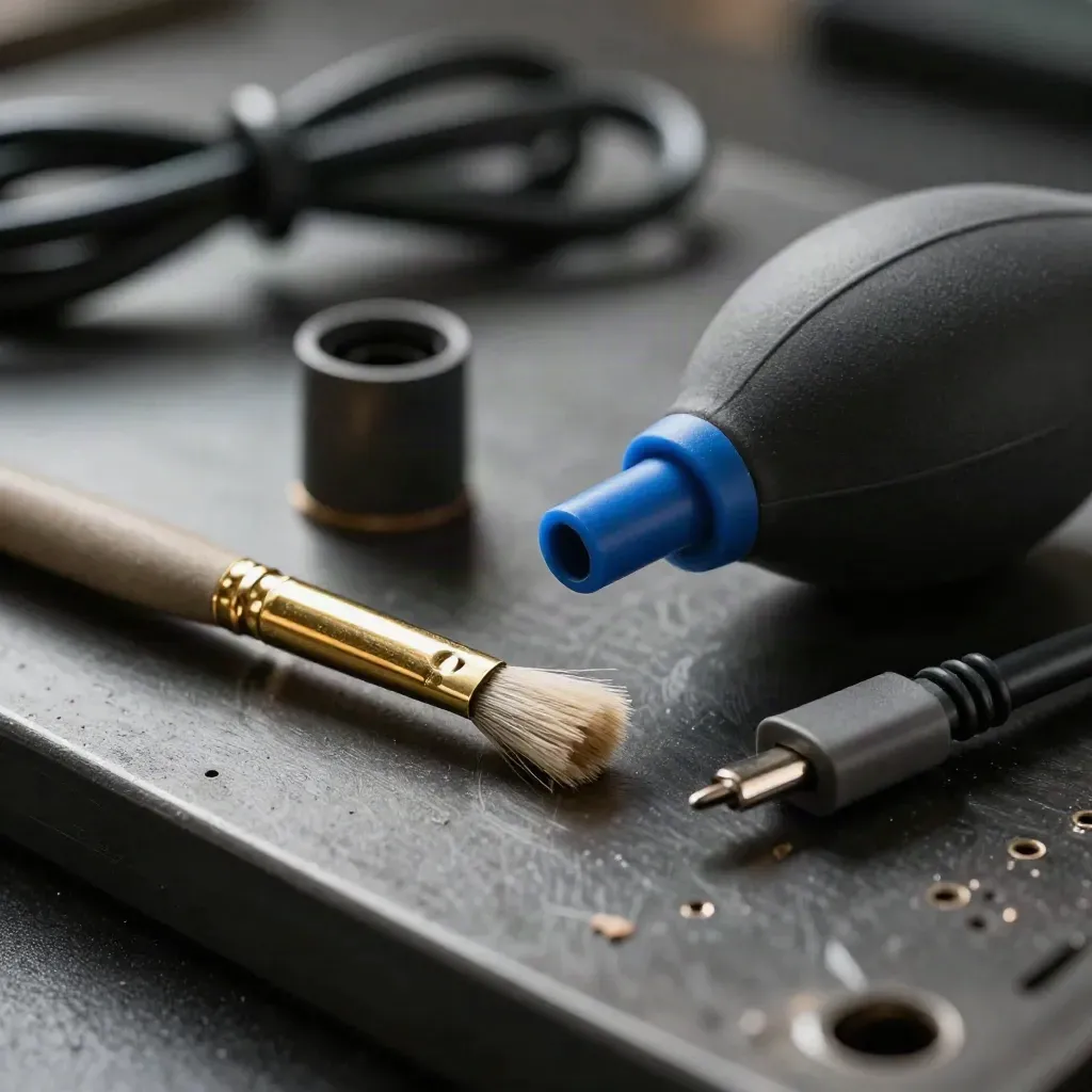 Cepillo de puerto, pera de aire, tapón antipolvo y cable enrollado sobre metal oscuro.
