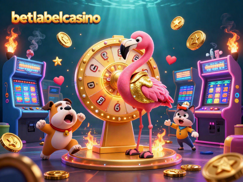 Experience the excitement at betlabelcasino with a lively game show scene featuring a flamingo host and a bulldog contestant.